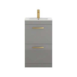Royal Bathrooms Turin Indigo Grey Gloss 500mm Floor Standing Vanity Unit 2 Drawer With Minimalist Basin Sink & Brushed Brass Handles - thumbnail 6