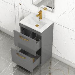 Royal Bathrooms Turin Indigo Grey Gloss 500mm Floor Standing Vanity Unit 2 Drawer With Minimalist Basin Sink & Brushed Brass Handles - thumbnail 3
