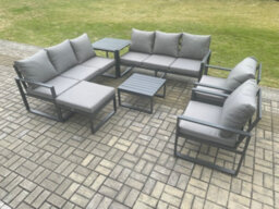 Fimous Aluminium Patio Outdoor Garden Furniture Lounge Sofa Set With Square Coffee Table 2 Chairs Side Table Dark Grey - thumbnail 1