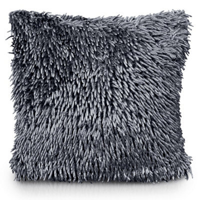 Velosso Velvet Touch Shaggy Chenille Cushion, Soft Texture, Zip Closure, Machine Washable, Luxury Living Room Decor - Charcoal