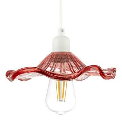 Happy Homewares Designer Ribbed Rose Pink Glass Pendant Shade With Wavy Ruffled Edge - image 1