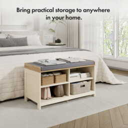 Vonhaus Shoe Storage Bench With Padded Seat, Cream Hallway Bench & 4 Open Storage Shelves For Entryway & Porch, Ash Hall - thumbnail 3