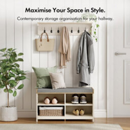 Vonhaus Shoe Storage Bench With Padded Seat, Cream Hallway Bench & 4 Open Storage Shelves For Entryway & Porch, Ash Hall - thumbnail 4