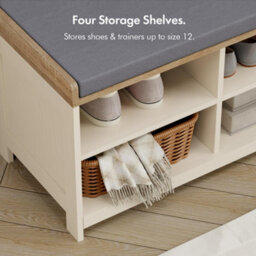 Vonhaus Shoe Storage Bench With Padded Seat, Cream Hallway Bench & 4 Open Storage Shelves For Entryway & Porch, Ash Hall - thumbnail 5