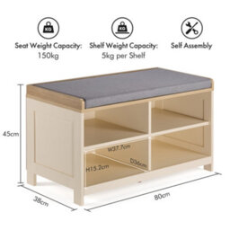 Vonhaus Shoe Storage Bench With Padded Seat, Cream Hallway Bench & 4 Open Storage Shelves For Entryway & Porch, Ash Hall - thumbnail 8