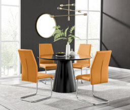 Furniturebox Uk Palma Black Semi Gloss Round Dining Table & 4 Mustard Lorenzo Chairs - thumbnail 1
