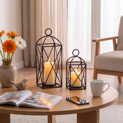 Living And Home Set Of 2 Black Openwork Iron Lantern Candle Holders Geometric Frame For Pillar Candles Table Decor - image 1