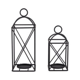 Living And Home Set Of 2 Black Openwork Iron Lantern Candle Holders Geometric Frame For Pillar Candles Table Decor - thumbnail 5