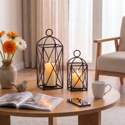 Living And Home Set Of 2 Black Openwork Iron Lantern Candle Holders Geometric Frame For Pillar Candles Table Decor - thumbnail 1