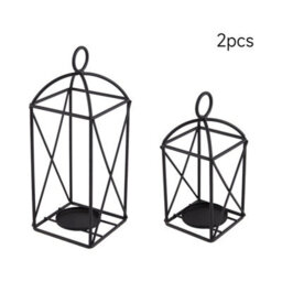 Living And Home Set Of 2 Black Openwork Iron Lantern Candle Holders Geometric Frame For Pillar Candles Table Decor - thumbnail 4