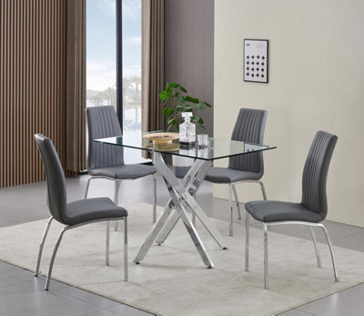 Furnizone UK Rexel 4-Seater 120Cm Rectangular Clear Glass Dining Table And 4 Modalux Grey Chairs Faux Leather Chairs - image 1
