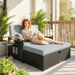 Outsunny Double Garden Rattan Daybed With Storage Ottoman, Dark Grey - thumbnail 1