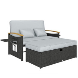 Outsunny Double Garden Rattan Daybed With Storage Ottoman, Dark Grey - thumbnail 2