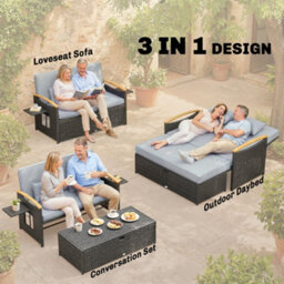 Outsunny Double Garden Rattan Daybed With Storage Ottoman, Dark Grey - thumbnail 4