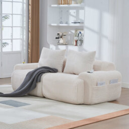 Btm Modular 2 Seater Corduroy Sofa, Configurable Sofa With Cup Holders  And Side Storage Pockets, Beige