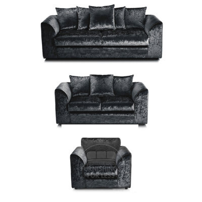 Furnishings For Less UK Crystal Crushed Velvet 3 Piece Sofa Set - 3 2 1  Black - Scatter Back - image 1