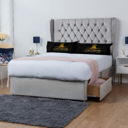 UKBEDFURNITURE Mary Silver Plush Wingback Divan Bed 2 Foot End Drawers With 10 Inch Orthopaedic Mattress & 54 Inch Headboard - thumbnail 1