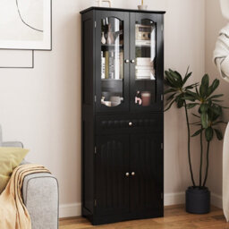 Costway Tall Bathroom Cabinet Freestanding Kitchen Pantry Cupboard 60 X 160 Cm-Black - thumbnail 4