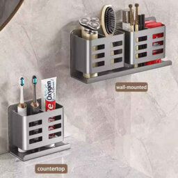 Bathroom Shelf, Punch Free Double Tier Storage Organizer, Grey - thumbnail 2