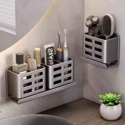 Bathroom Shelf, Punch Free Double Tier Storage Organizer, Grey - thumbnail 3
