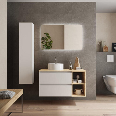 Cygnus bath Bequia Plus Vanity Unit 100Cm Matt White / Oak Worktop Basin Ceramic Reversible Side 2H - image 1