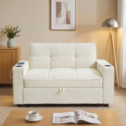 Matteo 2 Seater Corduroy Sofa Bed With Led Lighting, Storage & Cup Holders - Beige - thumbnail 7