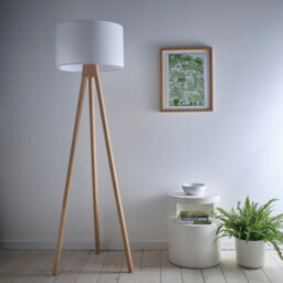 K Living Tall Oak Wooden Tripod Floor Lamp And Matching White Linen Lampshades - thumbnail 1