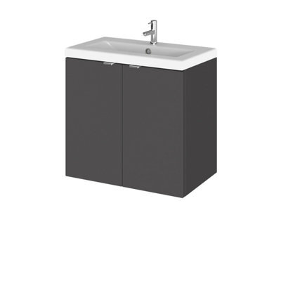 Hudson Reed Fusion Wall Hung 2 Door Vanity Unit & Ceramic Basin, Stylish Sink Vanity Unit, Gloss Grey, 600mm - image 1