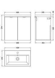 Hudson Reed Fusion Wall Hung 2 Door Vanity Unit & Ceramic Basin, Stylish Sink Vanity Unit, Gloss Grey, 600mm - thumbnail 5
