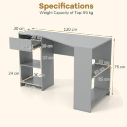 Costway L-Shaped Computer Desk Compact Corner Executive Desk W/storage-Grey - thumbnail 3