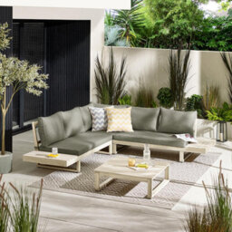 Furniturebox Brisa Wooden Garden Sofa Set - Solid Wood 6 Seat Corner L-Shaped Sofa Coffee Table - Limewash Patio Outdoor Sofa Set - thumbnail 2