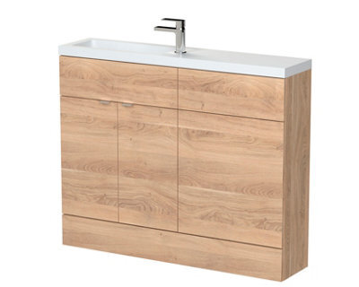 Hudson Reed Fusion Floor Standing Compact 2 Door Vanity Unit With Basin, Combination Bathroom Storage Unit, Bleached Oak, 1100mm - image 1