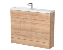 Hudson Reed Fusion Floor Standing Compact 2 Door Vanity Unit With Basin, Combination Bathroom Storage Unit, Bleached Oak, 1100mm - thumbnail 1
