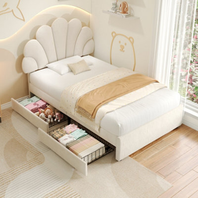 Btm Single Upholstered Bed Petal Headboard Velvet Frame 2 Storage Drawers Wood Slat Beige Easy Assembly - image 1