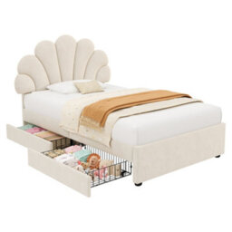 Btm Single Upholstered Bed Petal Headboard Velvet Frame 2 Storage Drawers Wood Slat Beige Easy Assembly - thumbnail 9
