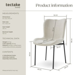 Tectake Set Of 4 Dining Chair Tessa - Ergonomic High Backrest, Slim Steel Legs, Soft Fabric  - Woven Fabric Off-White/black - thumbnail 6