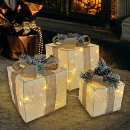 Netagon Set Of 3 Under Christmas Tree Festive Battery Operated Led Light Up Presents Gift Boxes- White & Beige - thumbnail 4