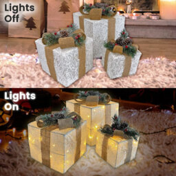 Netagon Set Of 3 Under Christmas Tree Festive Battery Operated Led Light Up Presents Gift Boxes- White & Beige - thumbnail 7