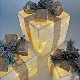 Netagon Set Of 3 Under Christmas Tree Festive Battery Operated Led Light Up Presents Gift Boxes- White & Beige - thumbnail 5