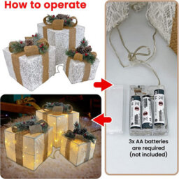 Netagon Set Of 3 Under Christmas Tree Festive Battery Operated Led Light Up Presents Gift Boxes- White & Beige - thumbnail 6