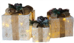 Netagon Set Of 3 Under Christmas Tree Festive Battery Operated Led Light Up Presents Gift Boxes- White & Beige - thumbnail 1