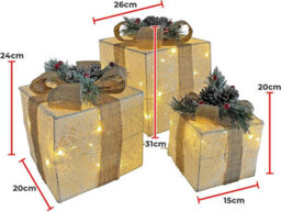 Netagon Set Of 3 Under Christmas Tree Festive Battery Operated Led Light Up Presents Gift Boxes- White & Beige - thumbnail 2