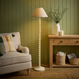 Valuelights Bobbin Natural Trim Linen Shade Cream Bobble Floor Lamp