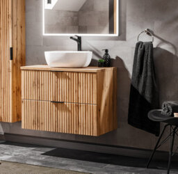 Impact Furniture Wall Hung Bathroom Vanity Unit With Basin 600mm Countertop Sink Cabinet Oak Effect Fluted Ribbed Drawers Adel - thumbnail 3