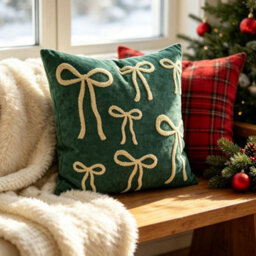 Amorly Green White Bow Embroidered Throw Pillow Cover 45X45Cm Christmas Decor Cushion Case Without Insert - thumbnail 3