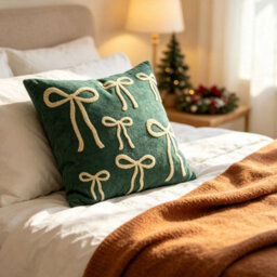 Amorly Green White Bow Embroidered Throw Pillow Cover 45X45Cm Christmas Decor Cushion Case Without Insert - thumbnail 2