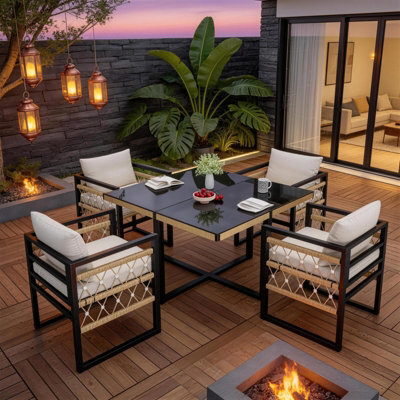 Fenchilin Garden Dining Set Patio Glass Table And 4 Hand-Woven Armchairs Space-Saving Set - image 1