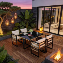 Fenchilin Garden Dining Set Patio Glass Table And 4 Hand-Woven Armchairs Space-Saving Set - thumbnail 3