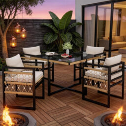 Fenchilin Garden Dining Set Patio Glass Table And 4 Hand-Woven Armchairs Space-Saving Set - thumbnail 2