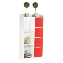 Urbn-Living Urbnliving Height 128Cm Tall Wooden White 7 Cube Bookcase With Red Drawers Shelving Display Storage Unit Cabinet Shelves